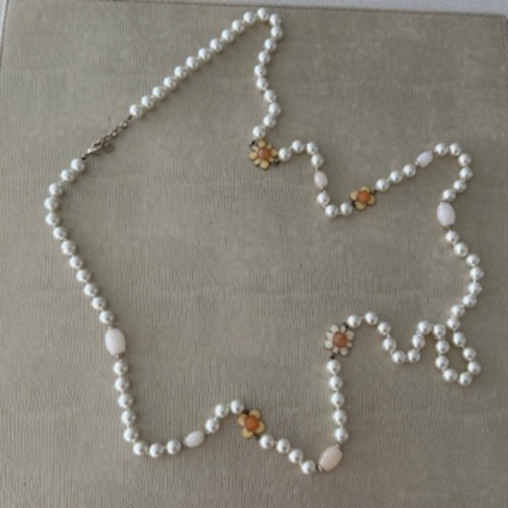 CAMELLIA LOGO FAUX PEARL LONG NECKLACE 26"